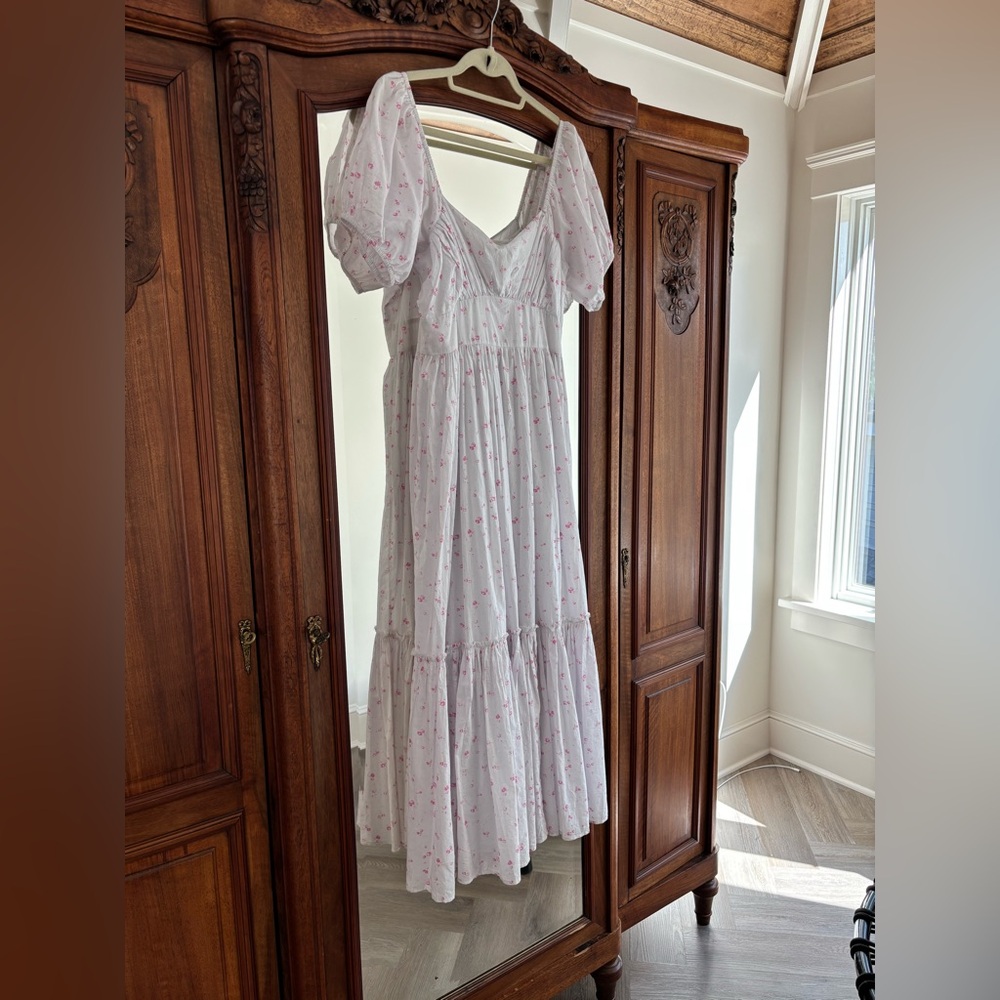 LoveShackFancy White Dress with Pink Floral Pattern